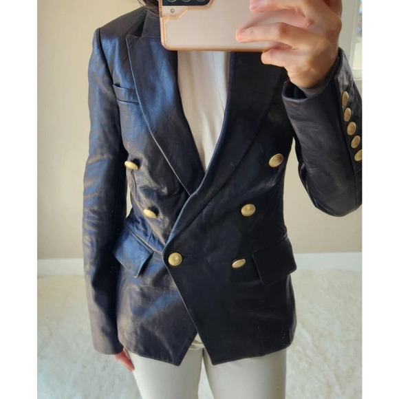 NWD L'Agence Kenzie Double Breasted Leather Blazer Size 2 Black - Picture 1 of 14